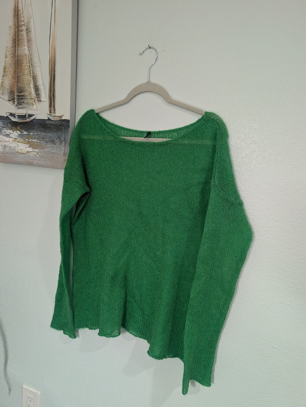 Benetton Green Women's Knit Sweater - Lightweight Boatneck Mohair Blend Size S/M